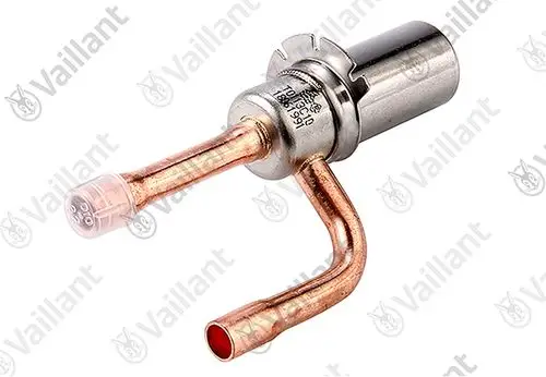 Vaillant Expansionsventil mit Kupferrohren und einem transparenten Gehäuse. Geeignet für Klimaanlagen.